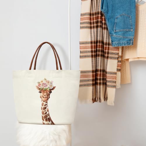 Canvas Tote Bag Aesthetic Tote Bag for Women Teens Reusable Grocery Shopping Bag With Handles Cute Animal Tote Bag - style: Giraffe