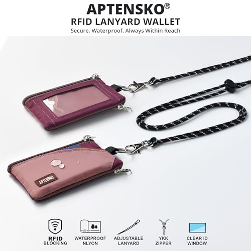 RFID Blocking Travel Wallet with Adjustable Lanyard, Small Nylon Zipper Pouch and Badge Holder for ID, Credit Cards, Cash, Keys, Commuters (Mauve+Plum Wine) - color: Mauve+Plum Wine