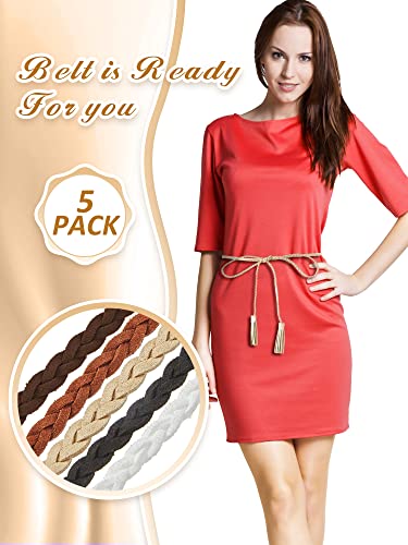 Geyoga 5 Pieces Rope Belt for Women Skinny Woven Boho Belt Braided Stretch Thin Tassel Waist Rope Chain Accessories for Skirt Dress, Christmas Party