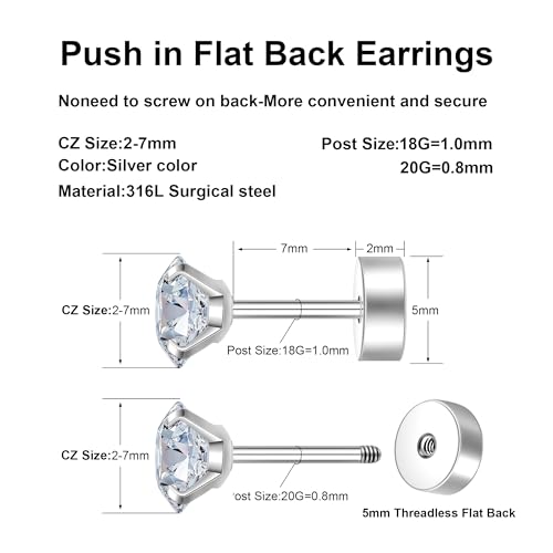 Flat Back Stud Earrings for Women - Hypoallergenic Surgical Steel Earrings with CZ Stones - 6 Pairs (18-20G) - color: Silver, size: 18 G