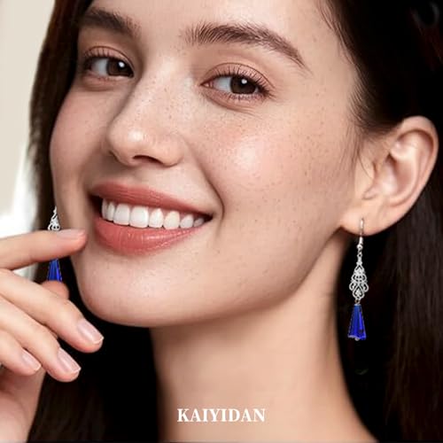 Silver Dangle Earrings For Women Trendy,Boho Cute Drop Western Earings,Vintage Gothic Ethnic Statement Beach Vacation Long Earrings with Leaf Teardrop Turquoise Crystal Tassels,Fashion Jewelry Birthday Gift. - color: A17) Blue crystal carved dangle