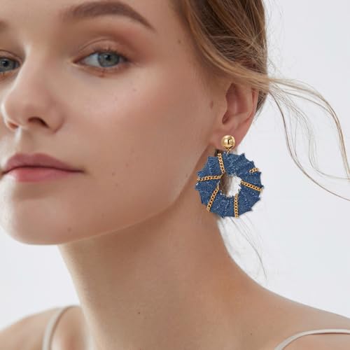 Coiris Bohemian Statement Dangle Earrings for Women Denim Leather Shells Pearl Polygonal Leaf Circle Drop Earrings for Women - style: Denim Chain