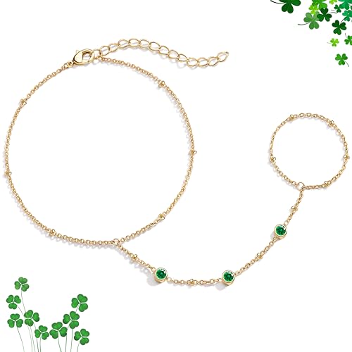 Poxtex Waterproof 14K Gold Plated Hand Chain Bracelet for Women, Non Tarnish Hypoallergenic Beaded Finger Ring Bracelet with Cubic Zirconia, Dainty Minimalist Boho Indian Style Stackable Wrist Body Jewelry for Summer Festival Vacation - color: Green (St.