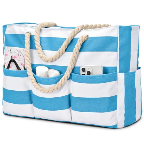 Becokan Beach Bags for Women Canvas Large Beach Tote Bag Zipper Waterproof Sandproof Foldable Swim Pool Bag with 7 Pockets - color: Light Blue