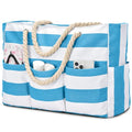 Becokan Beach Bags for Women Canvas Large Beach Tote Bag Zipper Waterproof Sandproof Foldable Swim Pool Bag with 7 Pockets - color: Light Blue