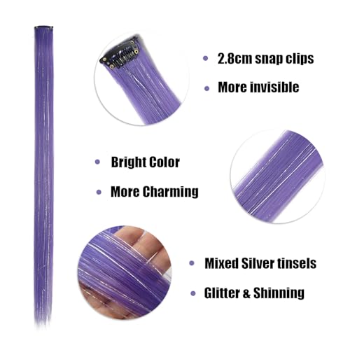 12pcs Clip in Rainbow Hair Extensions, 22 Inch 2 in 1 Hair Mixed Tinsels, Holiday Party Highlights(Grey Purple) - color: Grey Purple