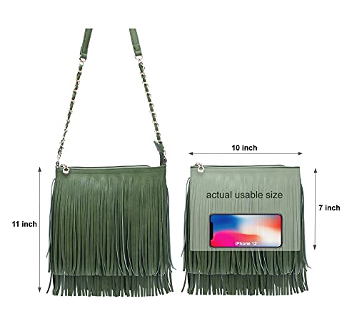 Solene Fringe Crossbody Shoulder Bag with Strap, Tassel Messenger bag, Country Style Western Fringe Purse for Women - color: Olive