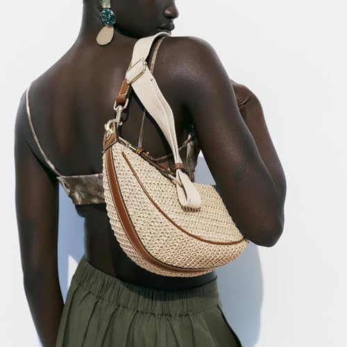 Straw Crossbody Bags for Women Crescent Woven Shoulder Handbag Summer Beach Hobo Purses with Adjustable Strap - color: Khaki