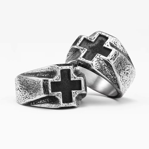 Retro Stainless Steel Mens Cross Ring, Bold Black Design, Durable Handcrafted Jewelry Gift