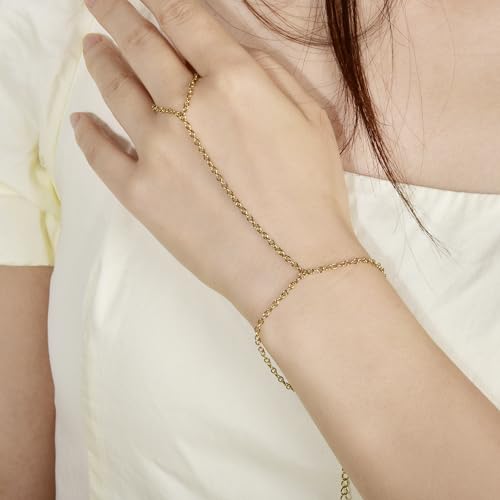 Hand Chain Bracelet Stainless Steel Finger Ring Bracelet Adjustable Gold Plated Hand Chain CZ Stackable Boho Minimalist Jewelry for Women - color: Gold Hand Chain Bracelet AN137G