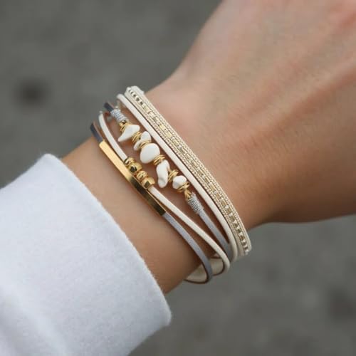 Turquoise Leather Wrap Bracelet for Women Cross Boho Beaded Stack Wrap Cuff Bracelets Stackable Crystal Bangle With Gold Silver Bohemian Jewelry Gift - color: white