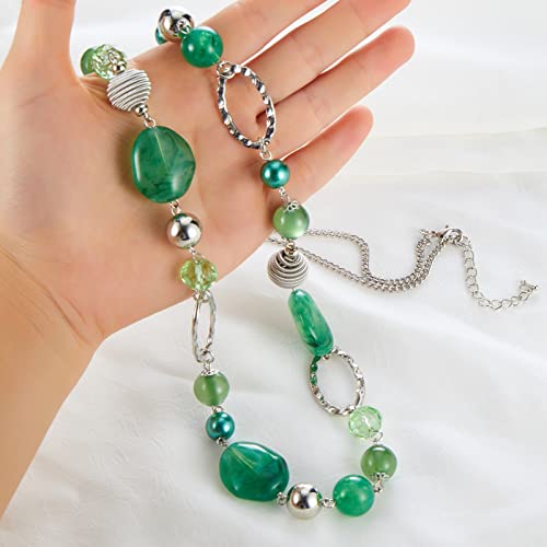 BULINLIN Beaded Long Necklace for Women Silver Sweater Chain Necklace with Crystal Resin Beads, Fashion Jewelry Necklace - color: Jade green