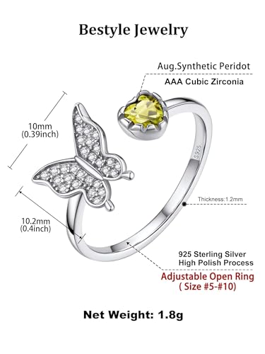 Bestyle 925 Sterling Silver Butterfly Ring Hypoallergnic Adjustable Birthstone Rings for Women Butterfly Jewelry Gifts for Anniversary Mothers' Day Birthday - color: 08.August (Peridot)