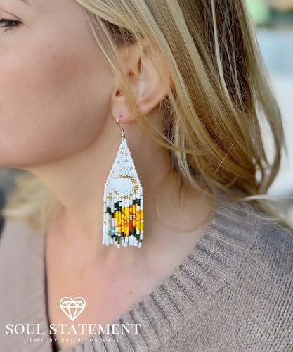 Long Beaded Earrings for Women, Statement Tassel Dangling Earrings, Native American Jewelry Boho Country Colorful Flower Moon Bead Gifts - style: Orange Blossom