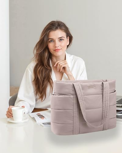 LOVEVOOK Tote Bag for Women, Large Puffer Work Tote Laptop Bag, Lightweight Travel Tote Bag with Zipper Gifts for Women - color: Antiquewhite-a, size: 15.6 Inch