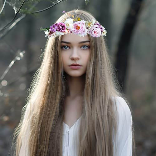 Vivivalue Women Flower Crown Rose Floral Headband Hair Wreath Flower Headpiece Halo Boho with Ribbon Wedding Party Festival Photos - color: 6
