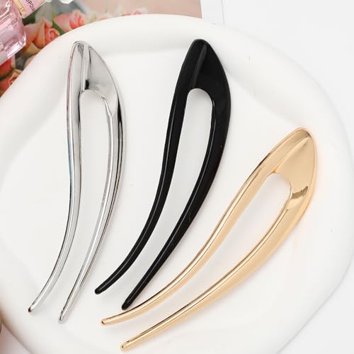 3PCS 5.1 Inch U Shaped Metal Hair Forks for Women, Vintage French Twist Hair Pins for Long Thick Hair, Elegant Hair Accessories for Bun Updo and Chignon Styles
