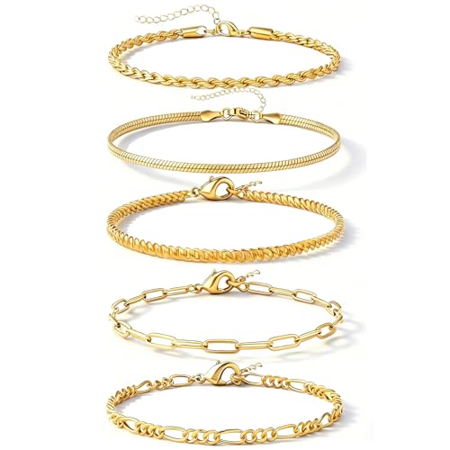 Alegend Titanium Steel (Not Rust, Resist Corruption, Easily Clean) 18K Gold Plated Single Bracelets + 14K Gold Plated Stackable Multilayer Bracelets - style: 14K Gold Plated Five-Layered