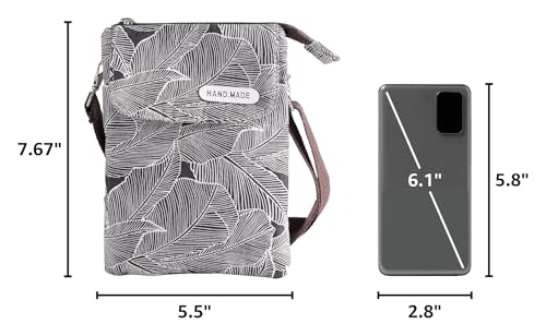 Roomy Cell Phone Purse Wallet Canvas Small Crossbody Purse Bags with Shoulder Strap For Women teen girlsl | Roomy - color: Brown Shoulder Strap Zipper ,Black Leaf Pattern