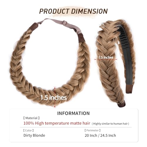 2PCs Braided Headband with teeth Handmade Messy Wide Synthetic Hair Elastic Stretch Fluffy Hairpiece for Brides (Dirty Blonde) - color: Dirty Blonde
