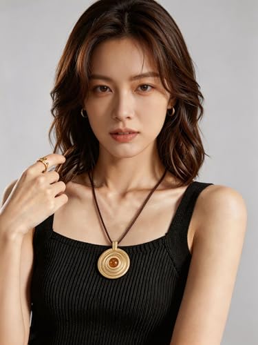 Kelake Leather Necklace for Women Men Teen Vinatge Boho Alloy Pendant Choker Jewelry Fashion Sweater Necklaces with Adjustable Genuine Leather Chain - color: Brown Jade Gold Concentric Circle Pendant
