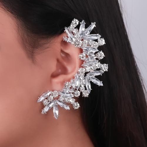 Rhinestone Silver Full Ear Cuff Earrings for Women Ear Clip Wrap Statement Climber Crawler Earrings for Women Hypoallergenic Silver Wedding Jewelry Gifts - color: Leaf Silver