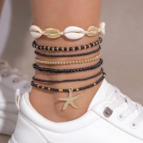 Pingyongchang Bohemian Stackable Shell Beaded Ankle Bracelets for Women Colorful Boho Multi-Layer Seashell Gold Starfish Adjustable Handmade Braid Bracelet Summer Beach Holiday Accessories Gifts - color: Black