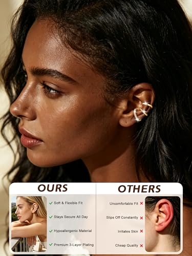 14K Gold/Silver Plated Ear Cuffs Set Dainty Clip Piercing Stack Small Cartilage Hoop Huggie Trendy Tarnish Hypoallergenic Jewelry Gift - style: gold style 14