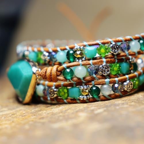 YGLINE Natural Stone Bracelet 5 Wraps Bracelet Handmade Blue Color Boho Bracelet for Women Bracelet - color: green