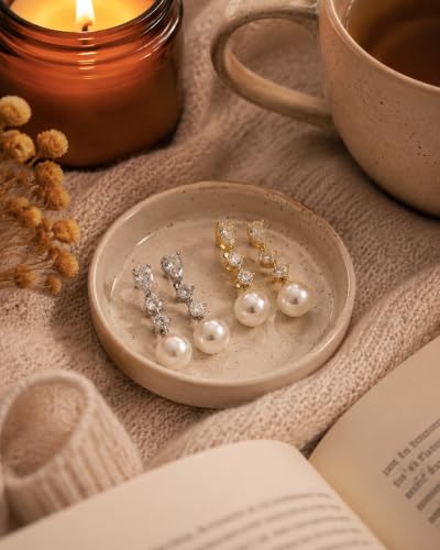 Pearl Earrings for Women, 14k Gold Plated Trendy Diamond Pearl Drop Earrings Hypoallergenic Dainty Bridal Gifts Wedding jewelry for Women - color: H—Silver