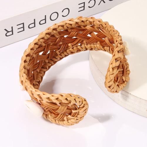 Rattan Bracelet Handmade Lightweight Straw Wicker Braid Cuff Bangle Bracelet Statement Adjustable Bohemian Rattans Woven Chunky Bracelets for Summer Wrist Jewelry - style: H Rattan Shell Bracelet