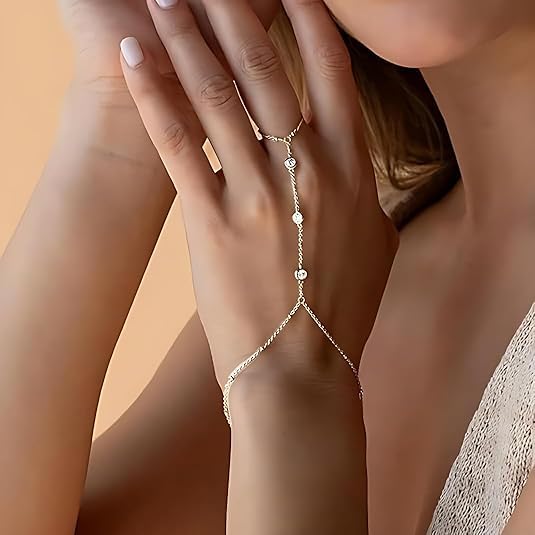 Dainty Gold Hand Chain Bracelet for Women Trendy,Ring Bracelet Hand Chain Bracelets Simple Finger Rings Slave Bracelets Boho Summer Beach Jewelry Accessories - color: Silver cz3