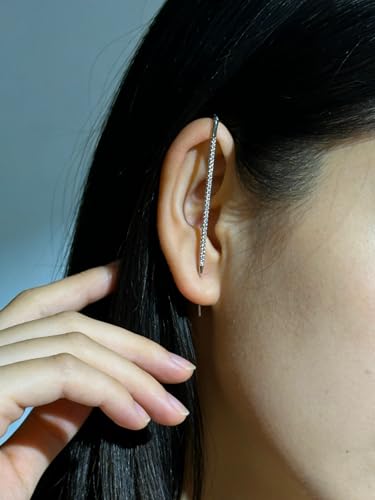 Ear Wrap Hook Earrings for Women Fashion Ear Cuff Crawler Earrings Silver Gold Long Piercing Crystal Curve Style Earring Stick Ear Wrap Earring Rhinestone Trendy Jewelry Gifts - color: full rhinestone-silver