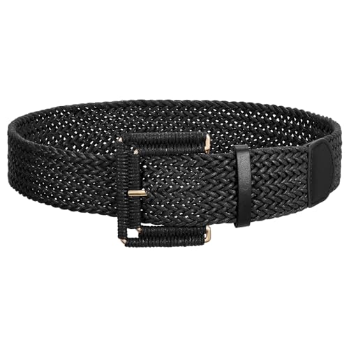 JASGOOD Women Wide Woven Belt for Dresses Rattan Waist Belt Braided Boho Belt with Square Buckle - color: Black, size: Fit Waist Size 23-27inch