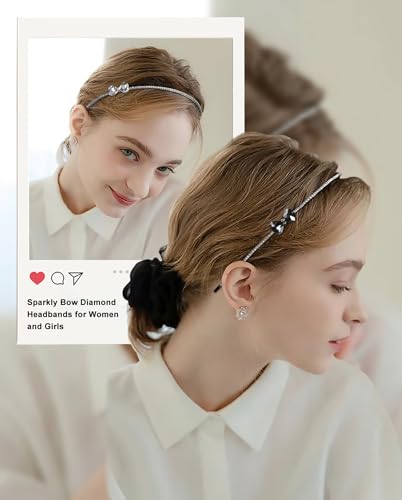 AIBFRID Metal Headbands for Women Fashion Rhinestone Headband with Bow, Crystal Thin Head Bands for Teen Girls Cute Womens Headbands, 2PCS Girls Trendy Stuff Designer Hair Accessories, White & Black
