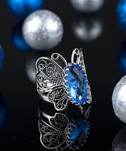Filigranist Sterling Silver Filigree Art Butterfly Women Cocktail Ring with Gemstones - color: Blue Quartz