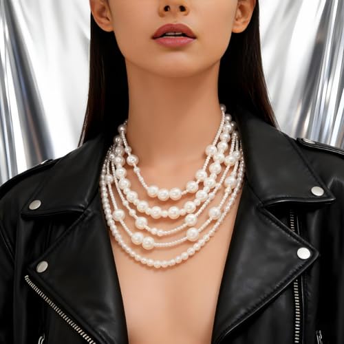 Layered Pearl Necklaces for Women Big Pearl Long Chain Necklace Dainty Faux Pearl Necklaces Statement Sweater Strand Chain Jewelry - style: SetB