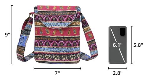 OPQRSTU Women's Retro Small Size Canvas Shoulder Bag Hippie Boho Crossbody Handbag - color: Rose Red