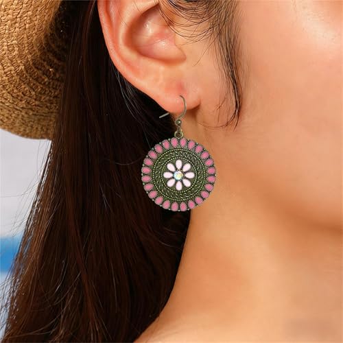 MALOYANVE Vintage Boho Circular Flower Dangle Earring, Handmade Bronze Tribal Round Enamel Floral Drop, Bohemian Ethnic Statement Jewelry Gift for Women - color: Pink