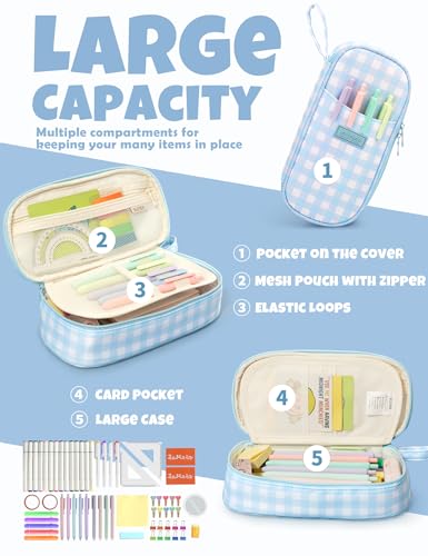SUNEE Cute Pencil Case, Aesthetic Pen Pouch, Colored Large Pencil Bag with Zipper, Kawaii Stationery Storage and Organizer, School Supplies for Teen and Adult Girls, Blue Checkered - color: Blue Checkered