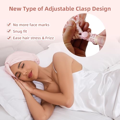 Adjustable Silk Satin Hair Bonnet for Sleeping Women, Double Layer, Silk Hair Wrap for Sleeping Women Men, Curly Natural Braid Straight Unisex - Pink - color: Pink