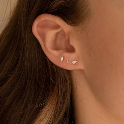 VRIUA 20G Tiny Flat Back Earrings for Women - 14K Gold/Silver Plated Small Flat Back Stud Earrings Hypoallergenic Cartilage Helix Piercing Jewelry - color: 4/5/6mm-Sun Moon Flat Gold