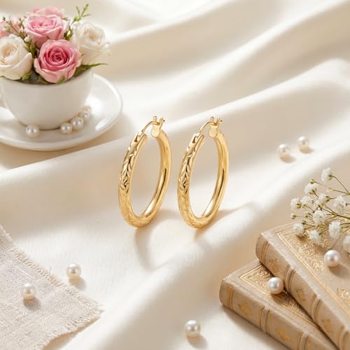 Gold Hoop Earrings for Women 14K Gold Hoop Earrings for Women 14K Gold Earring Hoops Delicate Pattern like Leaf Hoops Earring for Womens 25/30mm - size: 25mm