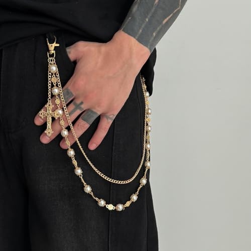 Pants Chains Hip Hop Punk Jeans Wallet Chain Goth Layered Waist Belt Chain Clothing Accessories for Women Men - color: PearlCross Chain