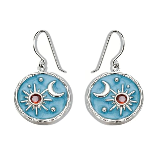 MALOYANVE Vintage Sun and Moon Drop Dangle Earrings for Women Unique lightweight Handmade Retro Boho Antiqued Gold Silver Round Coin Earrings for Women Jewelry - color: Silver Blue Earrings