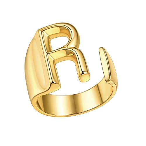 FindChic Customizable Initial Ring Statement 18K Gold Plated Fashion Cuff Rings for Women Alphabet Letter A to Z Resizable Knuckle Ring (with Gift Box) - color: R