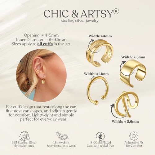 CHIC & ARTSY 925 Sterling Silver Ear Cuffs for Women, Non Piercing Clip On Cartilage Cuffs, Adjustable Fake Conch & Helix Earrings, Gold Plated & Oxidized Various Styles - color: ear cuff #5