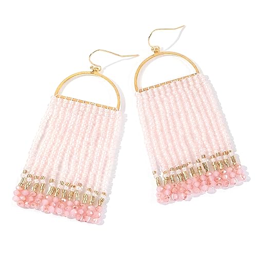 Bohemia Beaded Dangle Earrings - Handmade Seed Bead Earrings, Statement Beaded Tassel Earrings for Women - color: Light Pink