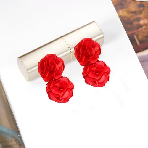 Oversized Fabric Flower Earrings for Women Statement Boho Chic Dangle Drop Earrings for Parties Weddings or Everyday Wear - color: Red