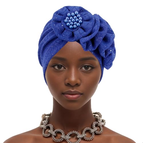 Erinaco Women Sparkle Sequin African Turban Bow Knot Pre-Tied Cap Pleated Ruffle Bonnet Beanie Hat Headwrap Skull Caps - color: Beaded Sapphire Blue